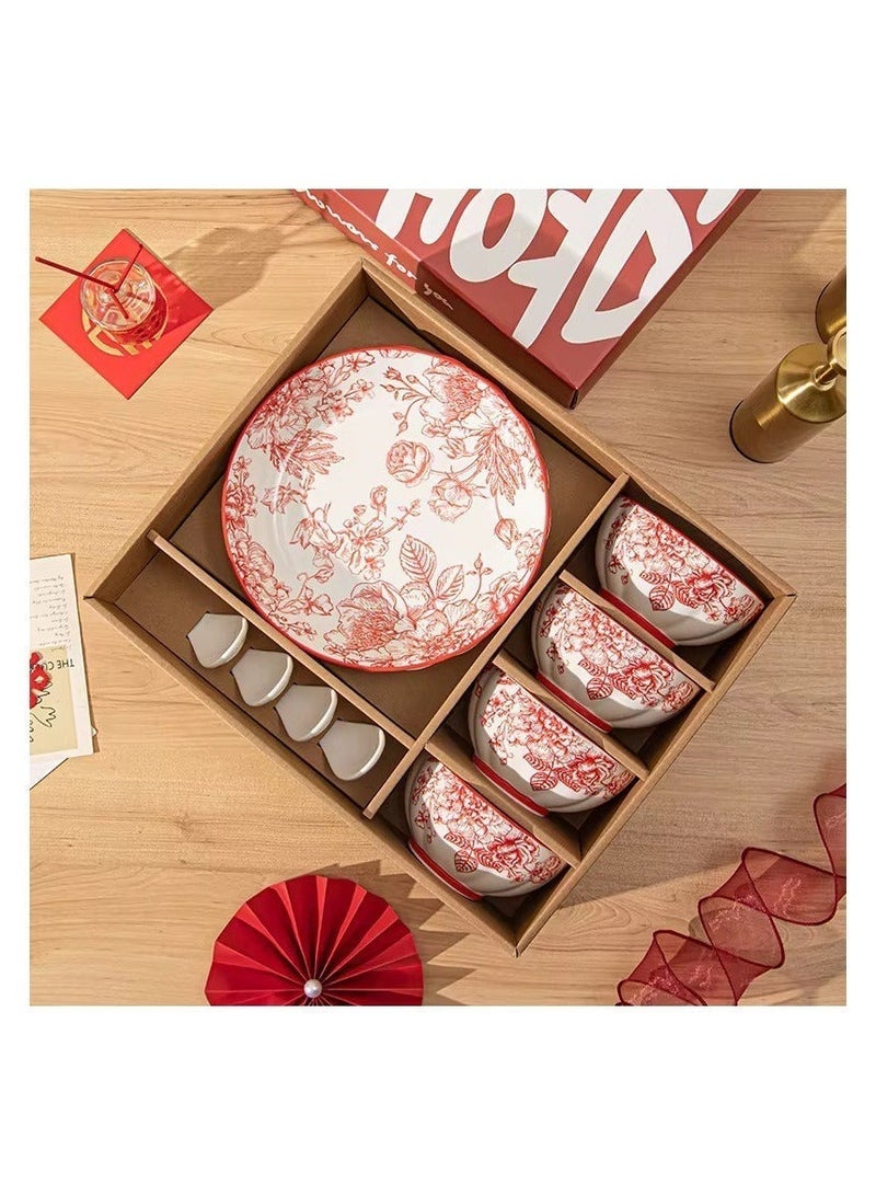 OLUDENIZ Luxury 14-Piece Porcelain Dinnerware Set – Elegant Red Floral Design with 6 Bowls, 6 Ceramic Spoons, and 2 Serving Plates in Premium Gift Packaging - Image 3