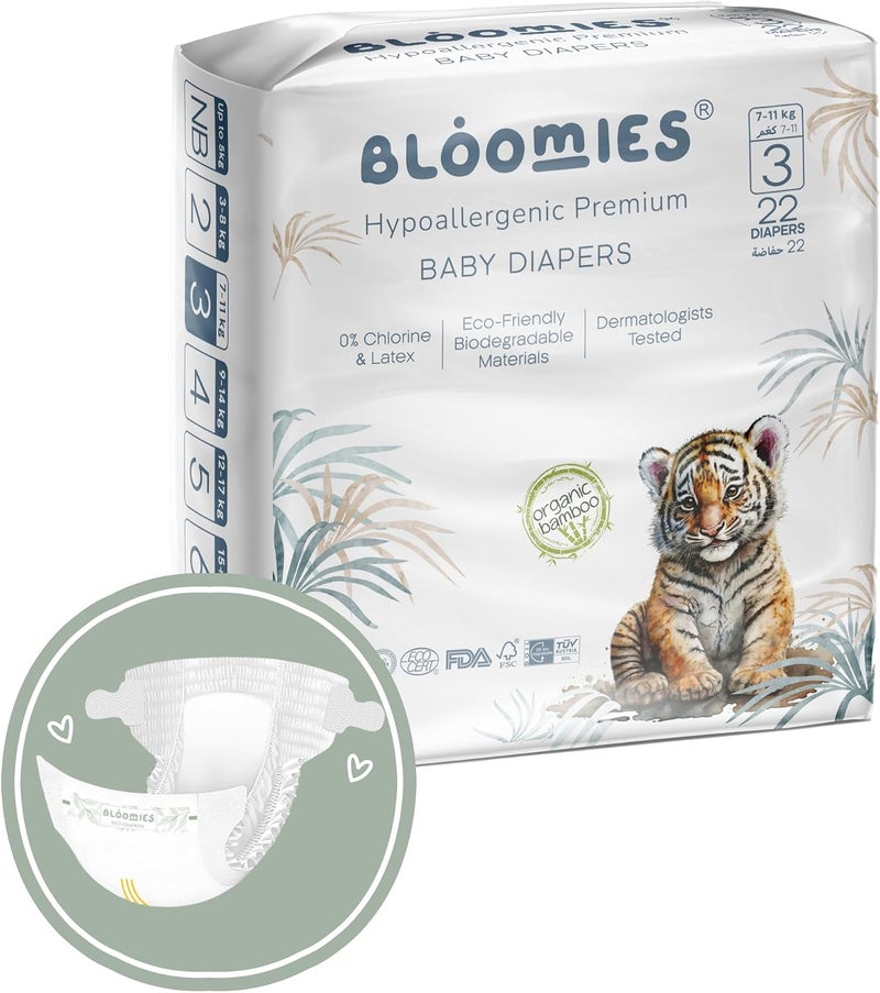 Bloomies Premium Baby Diapers Size 2,3,4, Counts 22,40,66,120, Wetness Indicator Eco-friendly and Hypoallergenic Ultra-soft Nappy Diaper Skin Friendly, Leakage Protection,100% Organic Natural Bamboo - Image 1