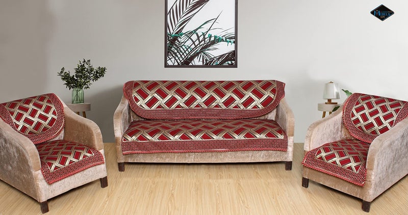MEBELS JOY Cotton Abstract Sofa Cover Maroon Set of 5 Seater for Living Room Pack of 10 Pieces 1 Sofa Seat Cover 1 Sofa Back Cover 2 Chair Seat and Back Cover - Image 1