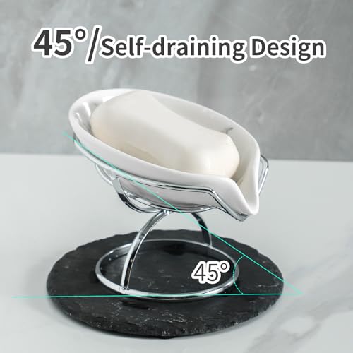 Dobbyby Leaf-Shaped Soap Dish – Premium Ceramic Soap Bar Holder with Self-Drainage System – Bar Soap Holder for Shower, Bathroom Sink, Kitchen – Waterfall Soap Dish with Stainless Steel Stand (SLIVER) - Image 2