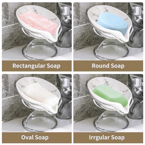 Dobbyby Leaf-Shaped Soap Dish – Premium Ceramic Soap Bar Holder with Self-Drainage System – Bar Soap Holder for Shower, Bathroom Sink, Kitchen – Waterfall Soap Dish with Stainless Steel Stand (SLIVER) - Image 4