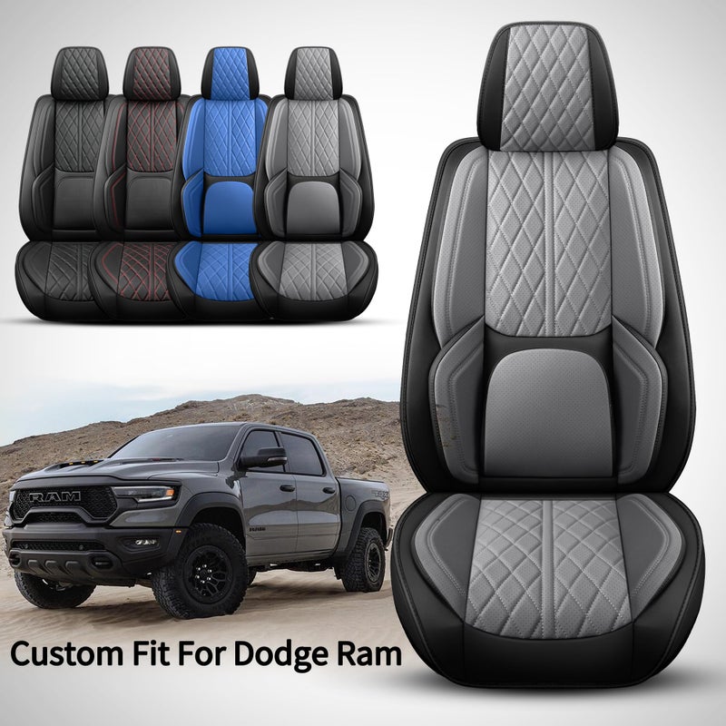 DuDuWang Car Seat Cover Custom Fit for Dodge Ram 1500 2500 3500 2002-2026 Faux Leather Seat Cover Set Compatible with Crew Quad Regular Cab Pickup Truck Cushions (Black & Grey, Front Seat) - Image 2