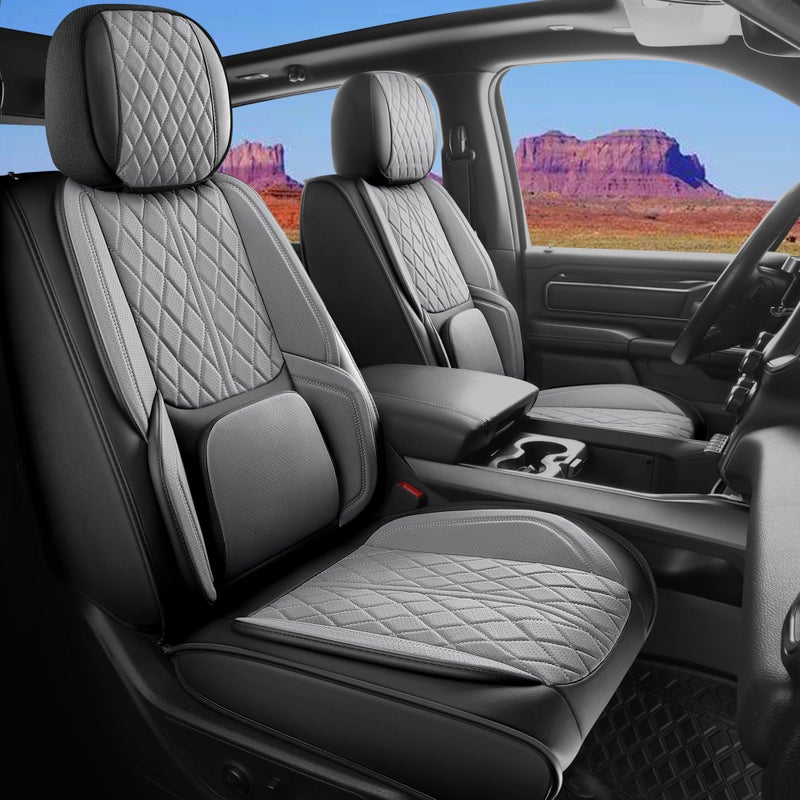 DuDuWang Car Seat Cover Custom Fit for Dodge Ram 1500 2500 3500 2002-2026 Faux Leather Seat Cover Set Compatible with Crew Quad Regular Cab Pickup Truck Cushions (Black & Grey, Front Seat) - Image 1