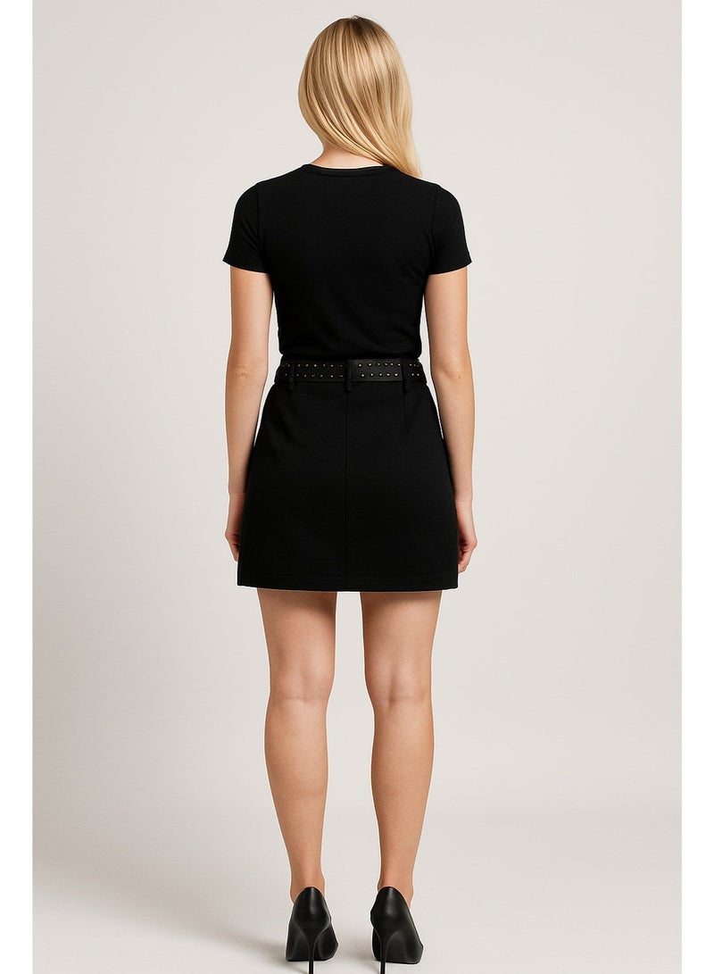 شوفالير للأزياء تنورة قصيرة سوداء مزينة بحبيبات لامعة مع حزام – ستايل عصري وأنيق - Image 3