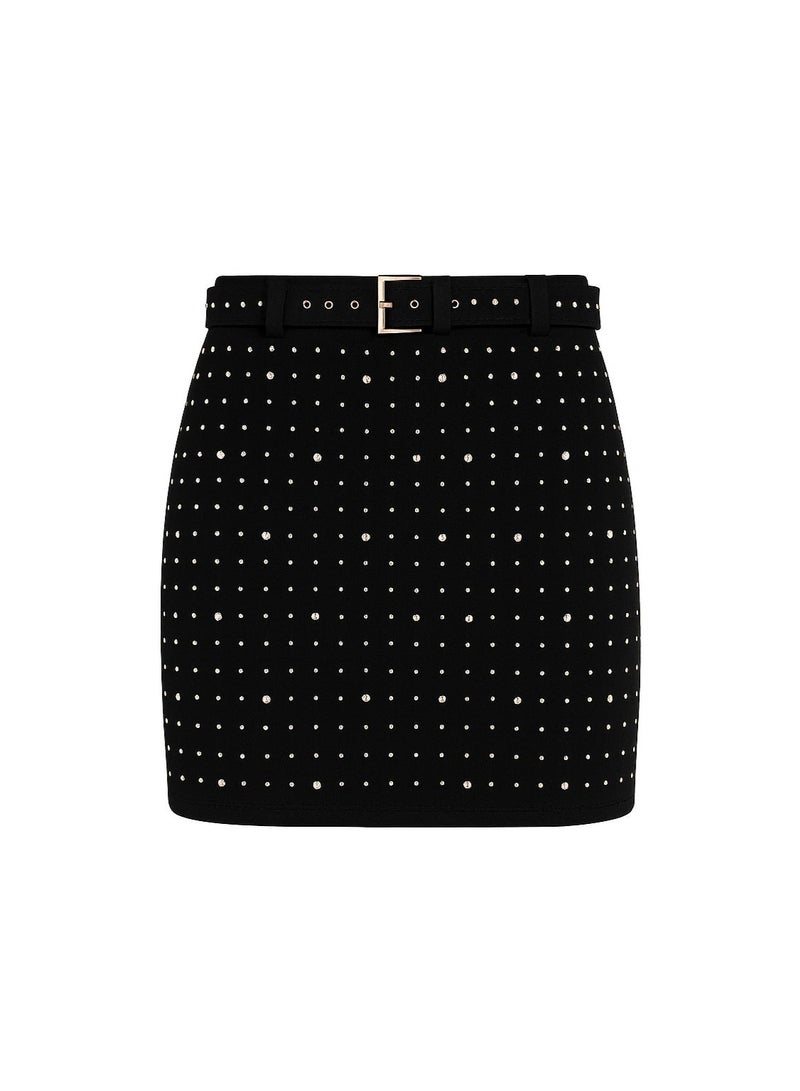 شوفالير للأزياء تنورة قصيرة سوداء مزينة بحبيبات لامعة مع حزام – ستايل عصري وأنيق - Image 4