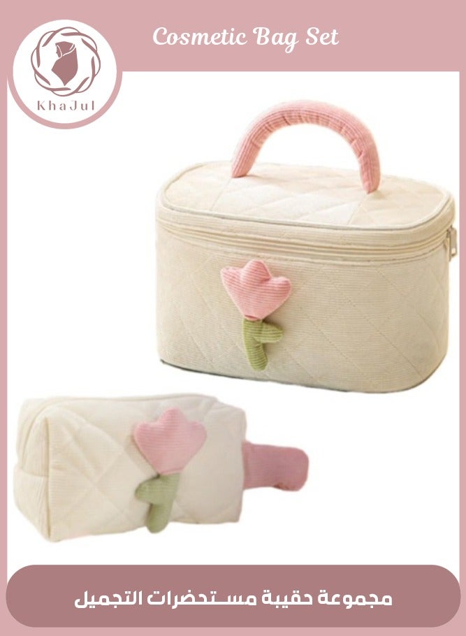 Loquat 2-Piece Corduroy Makeup Bag ,Quilted Travel Cosmetic Organizer Bag with Tulips, Velvet Toiletry Bag with Portable Makeup Pouch for Women Girls(Cream) - Image 1