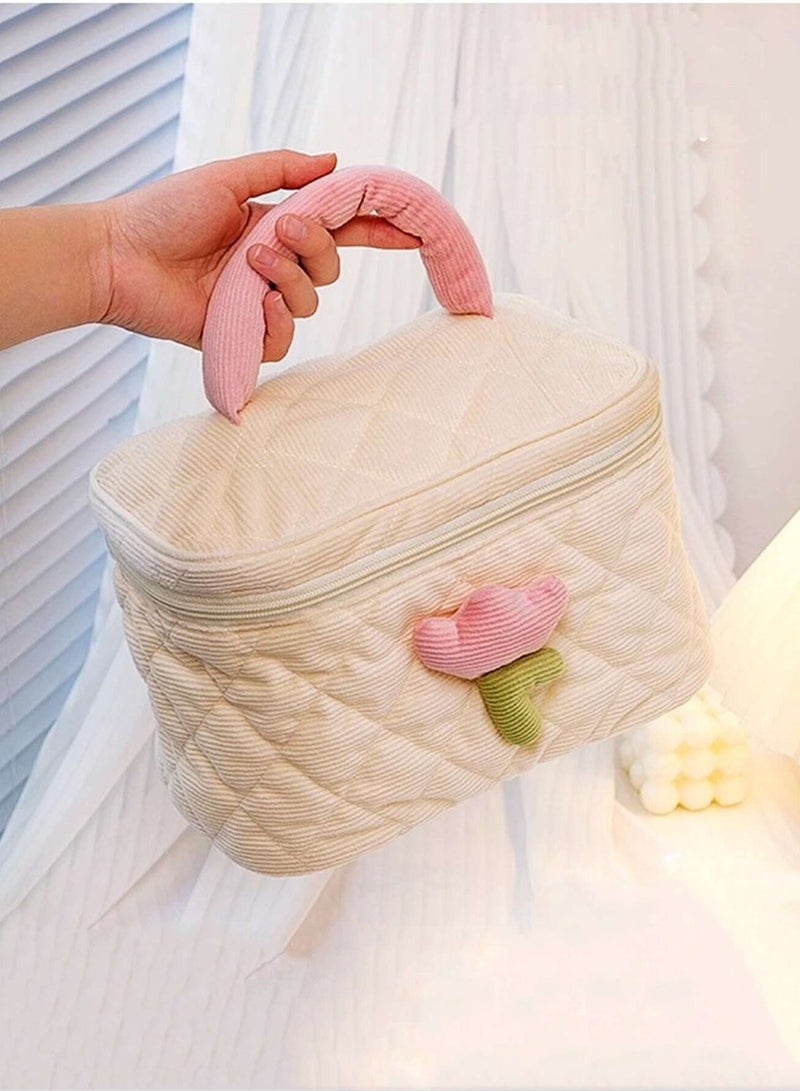 Loquat 2-Piece Corduroy Makeup Bag ,Quilted Travel Cosmetic Organizer Bag with Tulips, Velvet Toiletry Bag with Portable Makeup Pouch for Women Girls(Cream) - Image 5