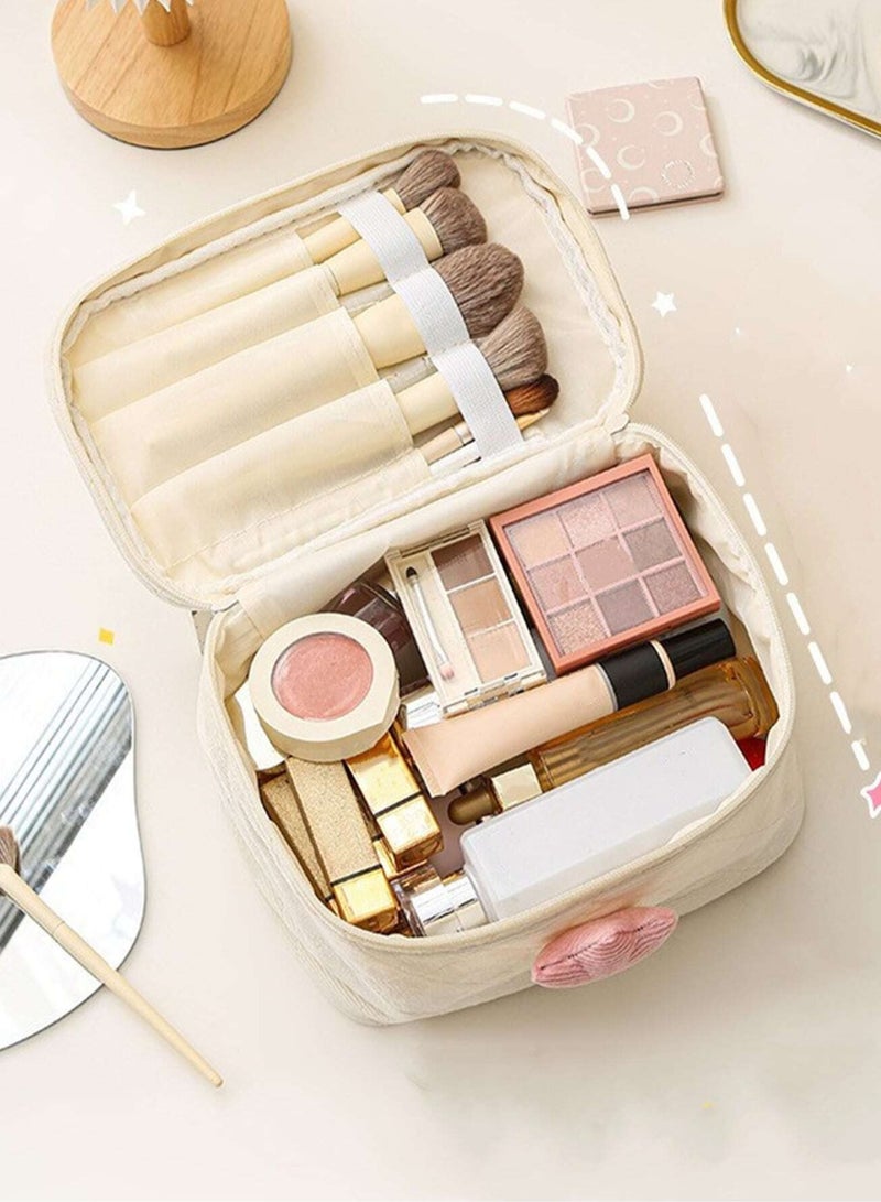 Loquat 2-Piece Corduroy Makeup Bag ,Quilted Travel Cosmetic Organizer Bag with Tulips, Velvet Toiletry Bag with Portable Makeup Pouch for Women Girls(Cream) - Image 4