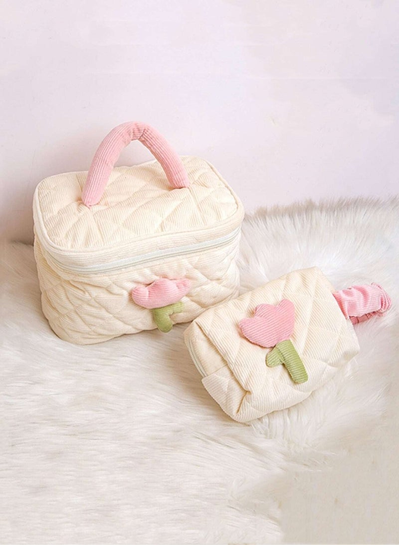 Loquat 2-Piece Corduroy Makeup Bag ,Quilted Travel Cosmetic Organizer Bag with Tulips, Velvet Toiletry Bag with Portable Makeup Pouch for Women Girls(Cream) - Image 3
