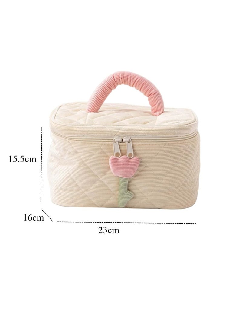 Loquat 2-Piece Corduroy Makeup Bag ,Quilted Travel Cosmetic Organizer Bag with Tulips, Velvet Toiletry Bag with Portable Makeup Pouch for Women Girls(Cream) - Image 2