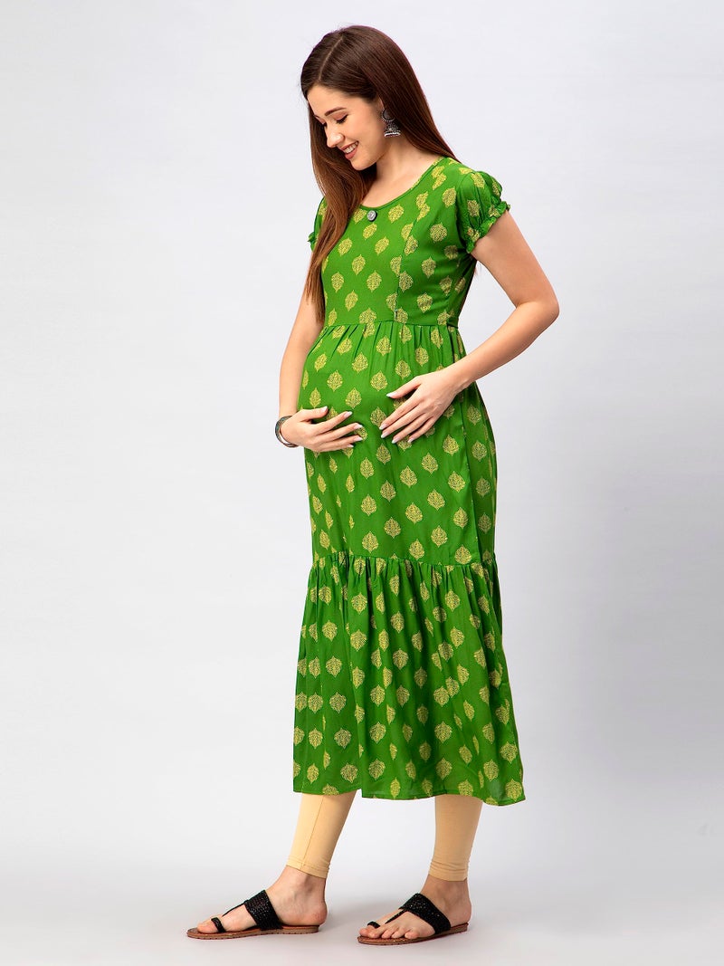 CEE 18 Women's Cotton A-line Maternity Feeding Kurti with Zippers (9666_44,Golden Green,XX-Large) - Image 2