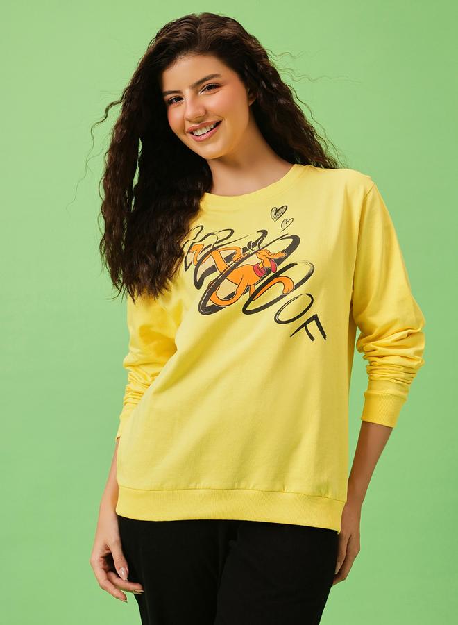 Clovia Pluto Print Light Yellow Cotton Sweatshirt - Image 1