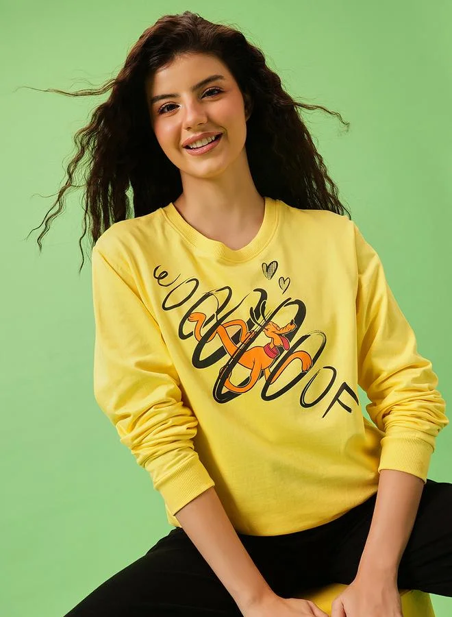Clovia Pluto Print Light Yellow Cotton Sweatshirt