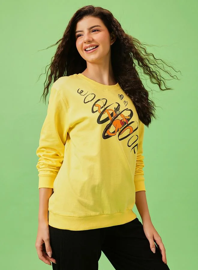 Clovia  Pluto Print Light Yellow Cotton Sweatshirt for Women | Best Price UAE