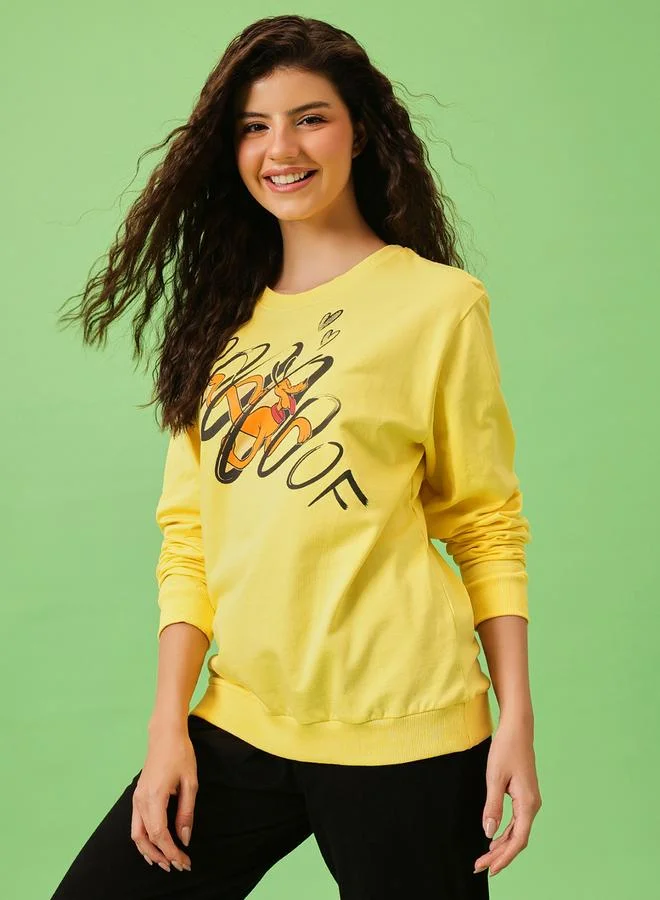 Clovia  Pluto Print Light Yellow Cotton Sweatshirt for Women | Best Price UAE