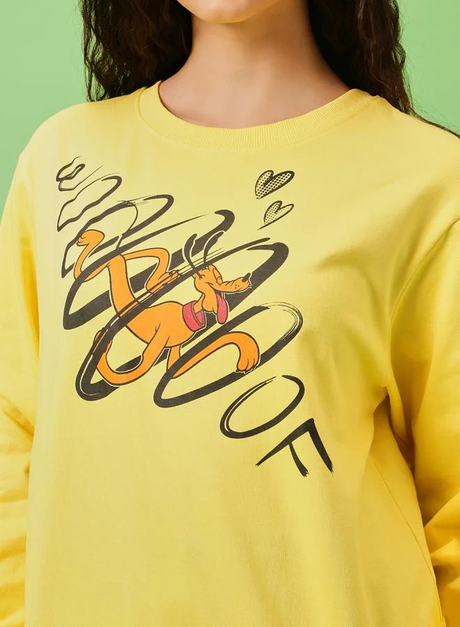 Clovia  Pluto Print Light Yellow Cotton Sweatshirt for Women | Best Price UAE