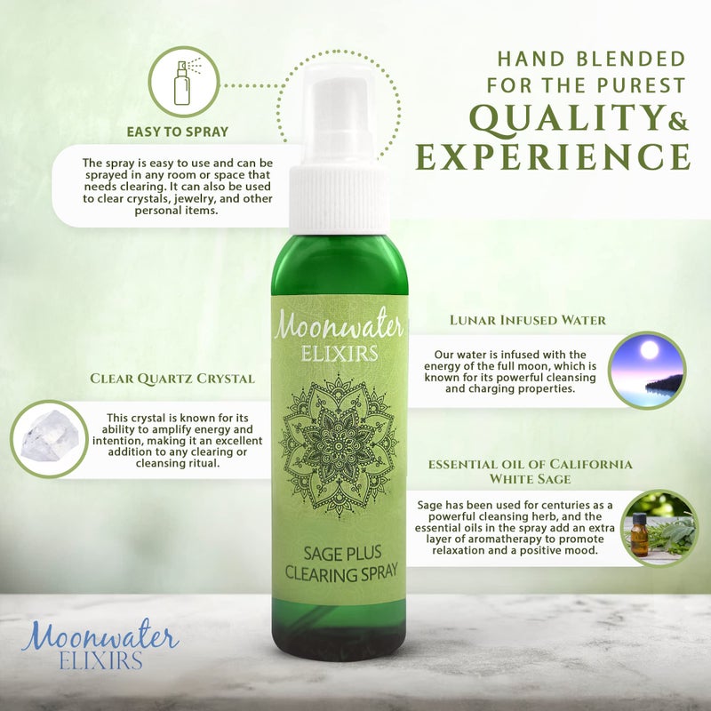 Moonwater Elixirs White Sage Smudge Spray for Spiritual Cleansing & Aura Protection, Sage Spray for Cleansing Negative Energy & Protection, Home & Meditation, Clear Quartz Reiki Treated Aromatherapy Room Spray 4 + 8 - Image 2