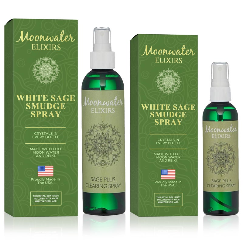Moonwater Elixirs White Sage Smudge Spray for Spiritual Cleansing & Aura Protection, Sage Spray for Cleansing Negative Energy & Protection, Home & Meditation, Clear Quartz Reiki Treated Aromatherapy Room Spray 4 + 8 - Image 1