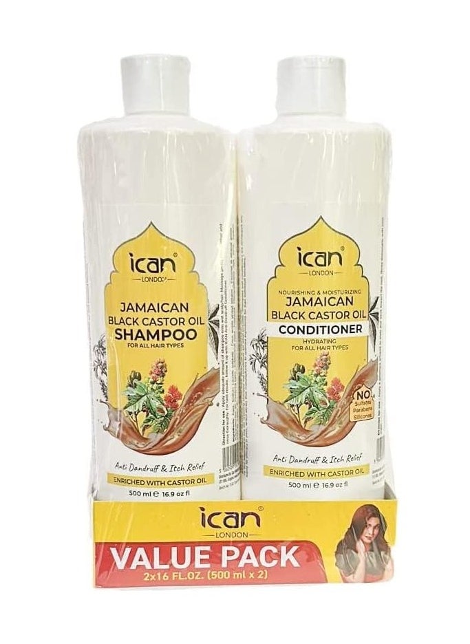 iCan London ican London Jamaican Castor Oil Anti-Dandruff & Itch Relief Formula Shampoo & Sulfate free conditioner 500ml x 2 