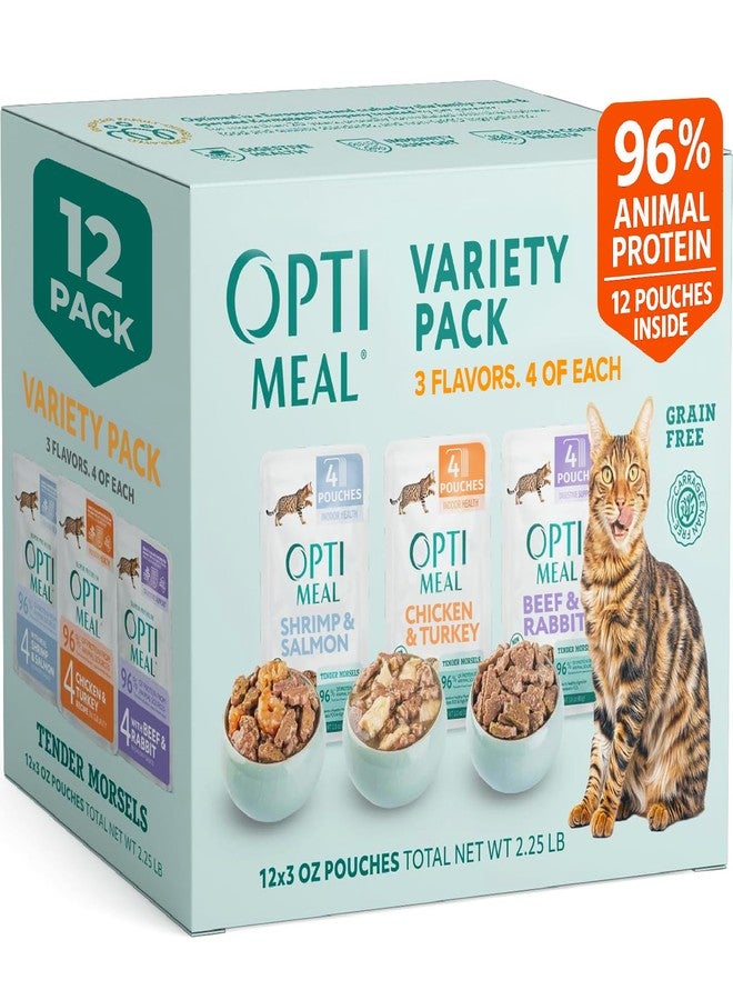 Optimeal Wet Cat Food Variety Pack - Grain Free Tender Morsels, High Protein Premium Nutrition Made with Natural European Ingredients in Savory Gravy, Adult Cat Food Wet Pouches 3oz Pouch (Pack of 12)