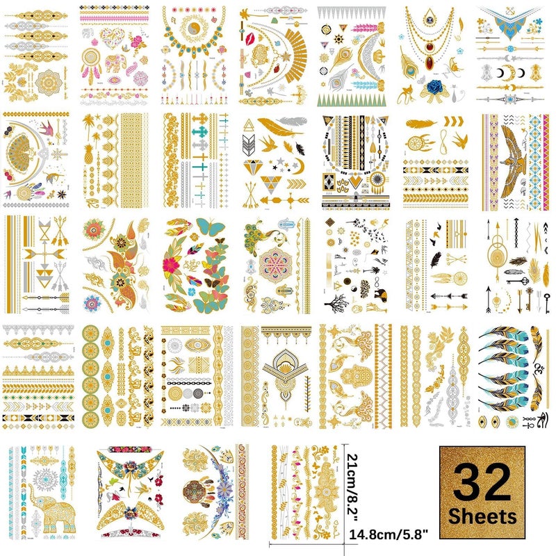 Aresvns Gold tattoo metallic 32 Sheets,Over 340+ Flash temporary tattoos for women, Waterproof flash henna tattoos,Glitter jewelry tattoos Christmas Gift - Image 2
