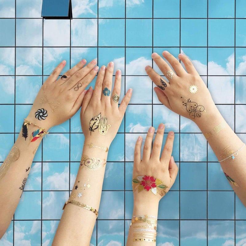 Aresvns Gold tattoo metallic 32 Sheets,Over 340+ Flash temporary tattoos for women, Waterproof flash henna tattoos,Glitter jewelry tattoos Christmas Gift - Image 3