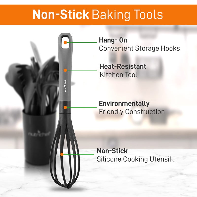 NutriChef 10-Piece Kitchen Cooking Utensils Set - Non-stick Heat Resistant Silicone Kitchen Gadgets Cookware Tools, Cooking Utensils Set with Holder, Pots & Pans Accessories - NutriChef NCUTL10BD (Gray/Black) - Image 3