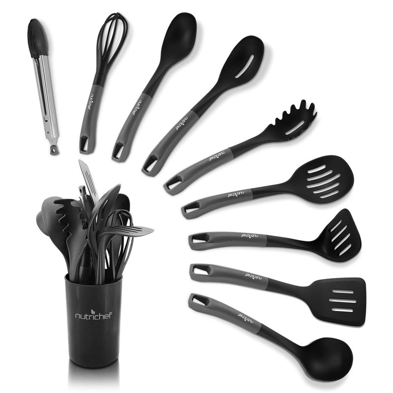 NutriChef 10-Piece Kitchen Cooking Utensils Set - Non-stick Heat Resistant Silicone Kitchen Gadgets Cookware Tools, Cooking Utensils Set with Holder, Pots & Pans Accessories - NutriChef NCUTL10BD (Gray/Black) - Image 1
