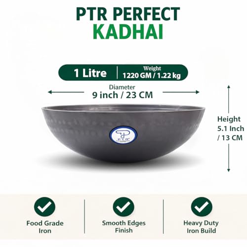 PTR 9 Inch 1 Litre Hammered Iron Kadhai Original Lohe Ki Kadai Handle-Free Deep Frying Pan for Roasting Frying Heavy Base Gas and Induction Compatible Food Grade Iron Smooth Edge - Image 2