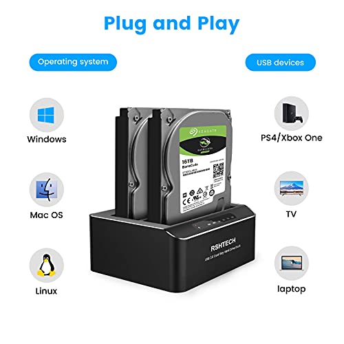 Rshtech Hard Drive Dock, RSHTECH Aluminum USB 3.0 to SATA Dual Bay External Hard Drive Docking Station for 2.5 & 3.5 inch SATA HDD SSD with Offline Clone/Duplicator Function, Support UASP & 2x16TB (RSH-DS01) - Image 4