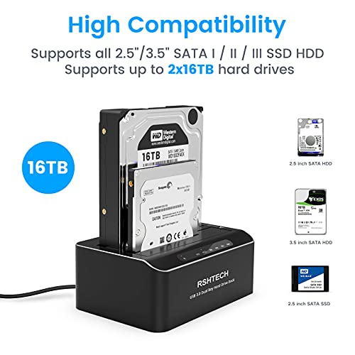 Rshtech Hard Drive Dock, RSHTECH Aluminum USB 3.0 to SATA Dual Bay External Hard Drive Docking Station for 2.5 & 3.5 inch SATA HDD SSD with Offline Clone/Duplicator Function, Support UASP & 2x16TB (RSH-DS01) - Image 2