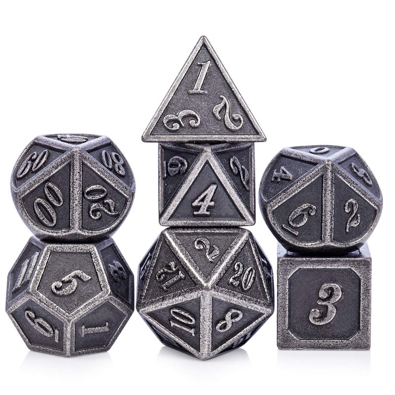 dndnd acient silver metal dnd dice set 7pcs d & d metal dice with metal accoun