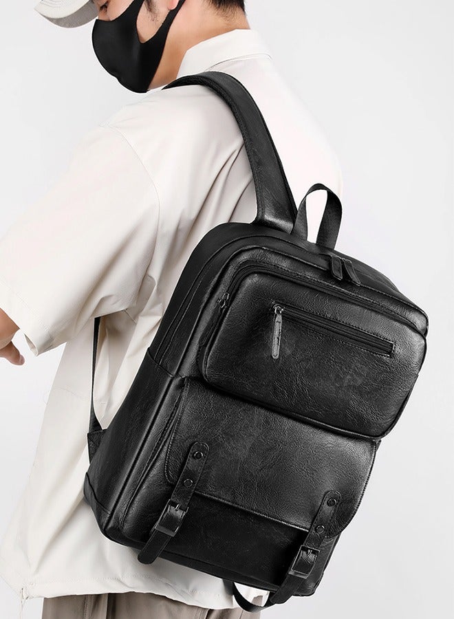 Men'S Pu Leather Backpack - Men'S Backpack Business Casual Large Capacity Travel Bag - Men'S Pu Leather Backpack For Business And Travel With Large Laptop Compartment  - Image 2