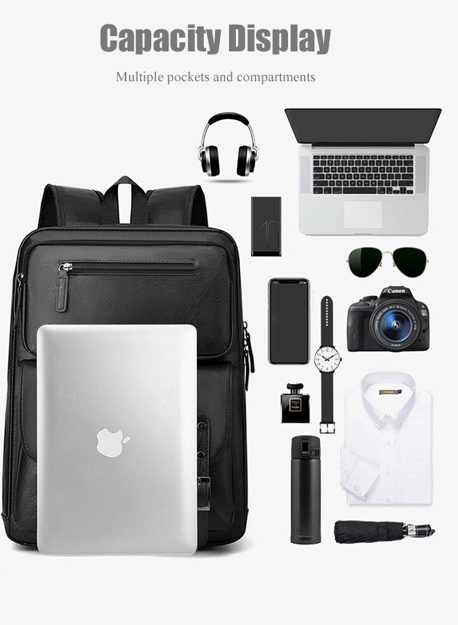 Men'S Pu Leather Backpack - Men'S Backpack Business Casual Large Capacity Travel Bag - Men'S Pu Leather Backpack For Business And Travel With Large Laptop Compartment  - Image 3