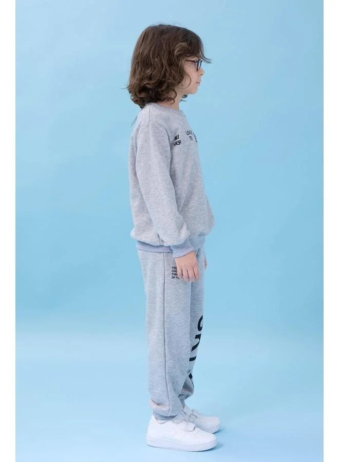 Perendi Boys' Bike Collar Printed Seasonal Top and Bottom Set - Gray.