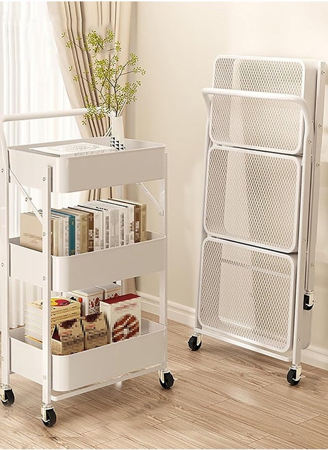 Foldable Storage Cart 3 Tier Rolling Cart with Wheels No Assembly Required Folding Metal Cart Organizer with Handle Utility Cart with Basket for Kitchen Pantry, Classroom, Office
