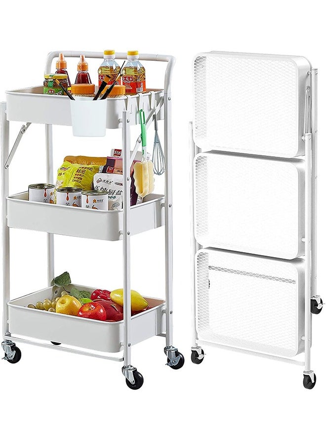 Arabest - Foldable Storage Cart 3 Tier Rolling Cart with Wheels No Assembly Required Folding Metal Cart Organizer with Handle Utility Cart with Basket for Kitchen Pantry, Classroom, Office - Image 1
