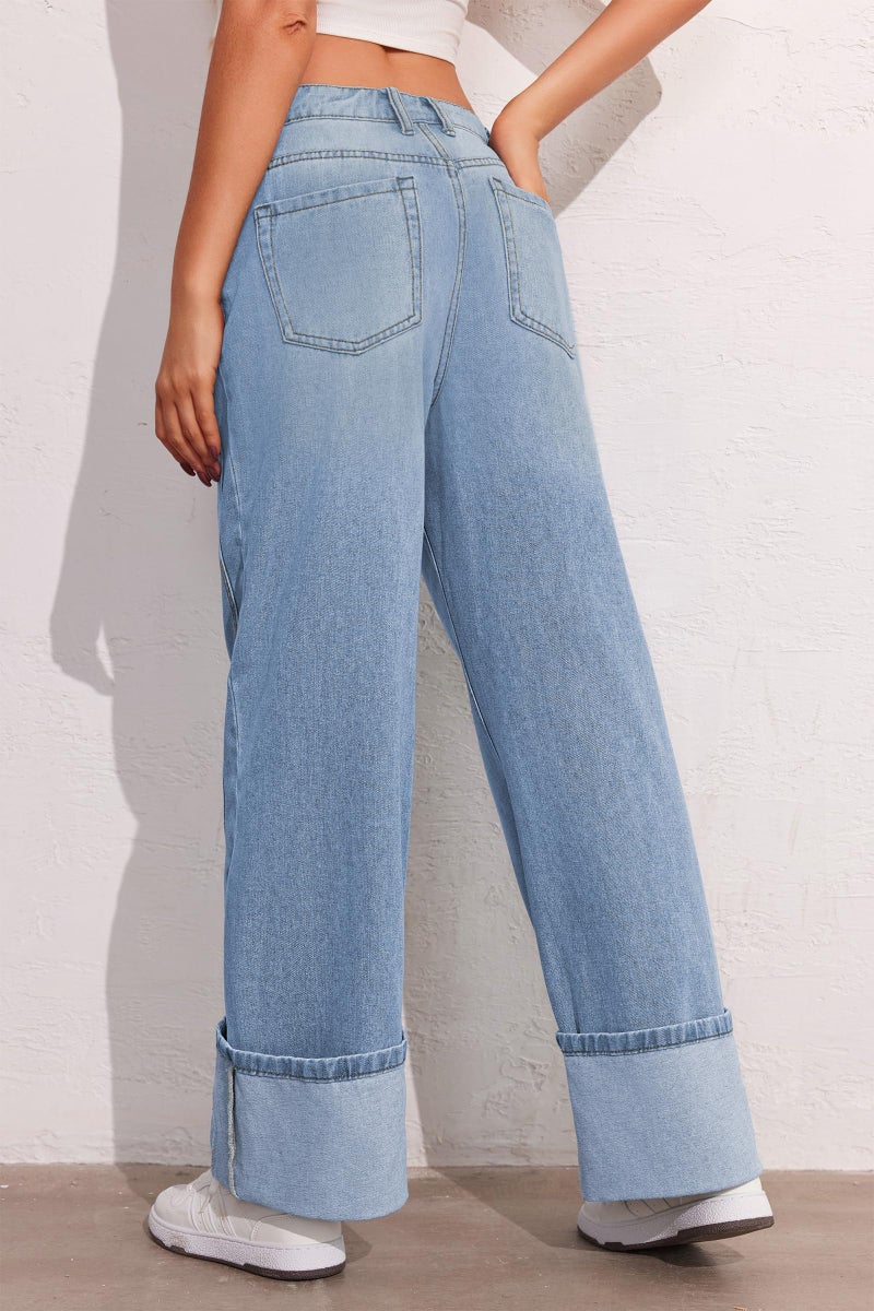 PLNOTME Womens Baggy Jeans Boyfriend Wide Leg Trendy Casual Mid Rise Cuffed Hem Denim Pants with Pockets Light Blue - Image 4