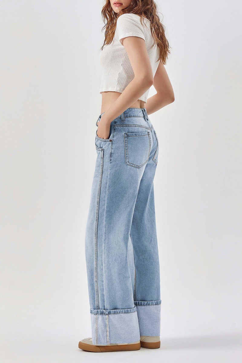 PLNOTME Womens Baggy Jeans Boyfriend Wide Leg Trendy Casual Mid Rise Cuffed Hem Denim Pants with Pockets Light Blue - Image 2