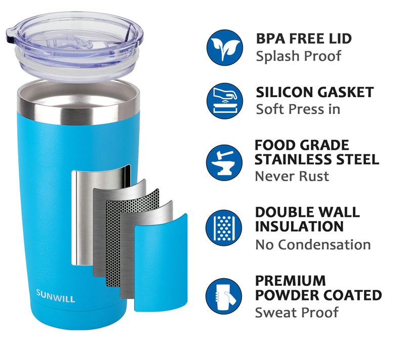 SUNWILL Travel Coffee Tumbler 20 oz, Insulated Mug with Lid, Stainless Steel Cup for Outdoor, Powder Coated Royal Blue - Image 2