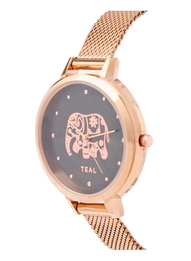 Chumbak TEAL BY CHUMBAK Women's Analog Rose Gold Metal Watch | Stainless Steel Mesh Strap (Carnival Elephant), Black