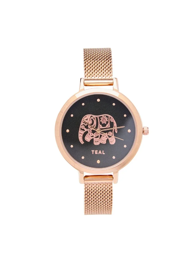 Chumbak TEAL BY CHUMBAK Women's Analog Rose Gold Metal Watch | Stainless Steel Mesh Strap (Carnival Elephant), Black