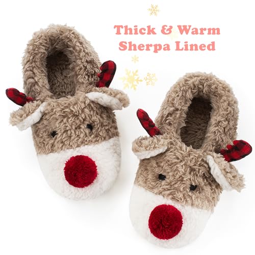 cosyone1997 Reindeer Slippers for Big Kids Soft Sole Indoor, Cute Animal Fuzzy House Slippers, Christmas Style, Size 4–6 - Image 4