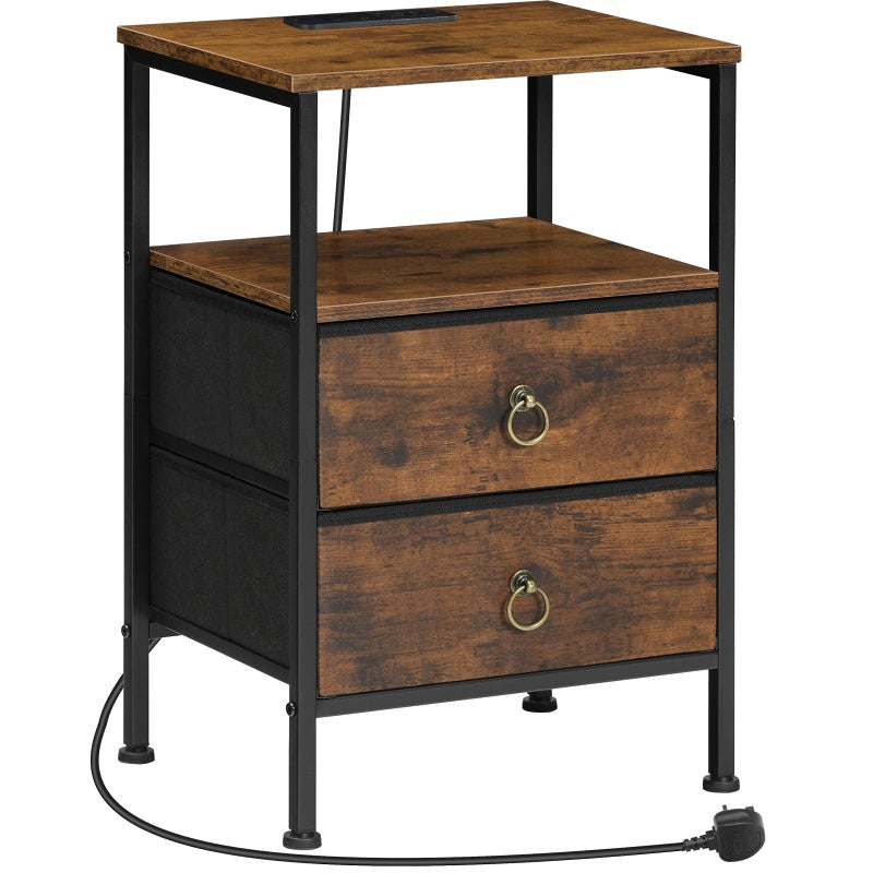 HOOBRO طاولة جانبية من HOOBRO مع محطة شحن طاولة جانبية مع 2 منفذ USB ومخرج طاولات نهارية مع 2 درج قماشي طاولة ليلية للمساحات الصغيرة بني ريفي وأسود EBF110KBZ01