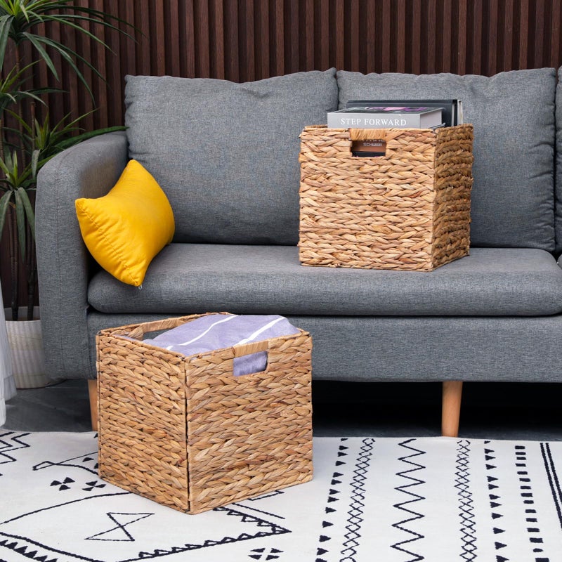 CXQCMUYE Wicker Storage Basket Foldable Hyacinth Storage Box Set of 2, 12x12x12 Inch - Handmade Woven Basket for Closet,Shelf Organization & Decor - Image 3