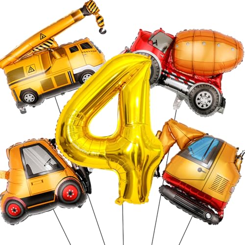 Tagberoy Construction Birthday Party Supplies 4 Year Old Large Construction Balloons 40Inch Gold Number 4 Balloon Construction Truck Foil Balloons for Boys 4th Construction Birthday Party Decorations - Image 1
