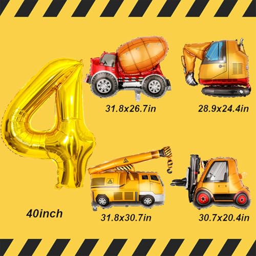 Tagberoy Construction Birthday Party Supplies 4 Year Old Large Construction Balloons 40Inch Gold Number 4 Balloon Construction Truck Foil Balloons for Boys 4th Construction Birthday Party Decorations - Image 5