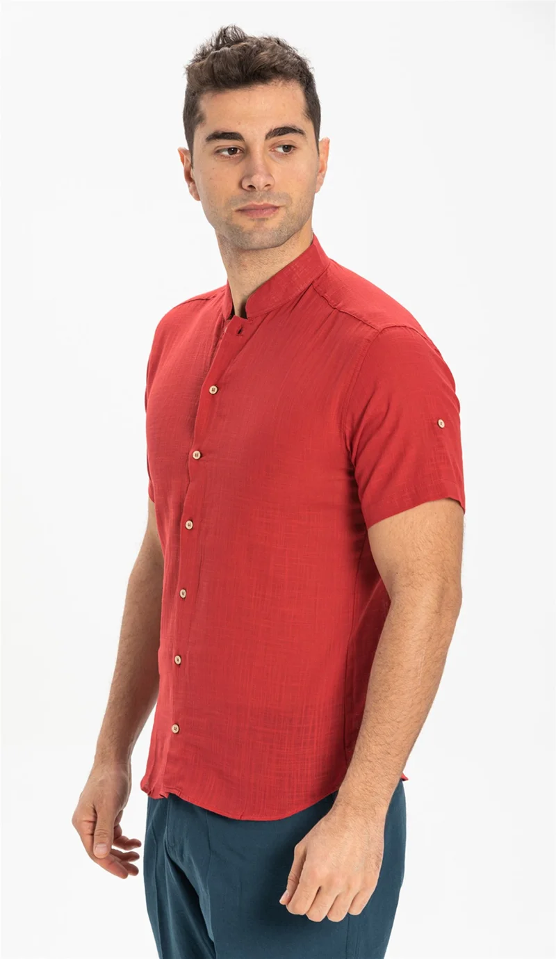 Eliş Şile Bezi Short Sleeve Şile Cloth Bodrum Men's Shirt Red 3051
