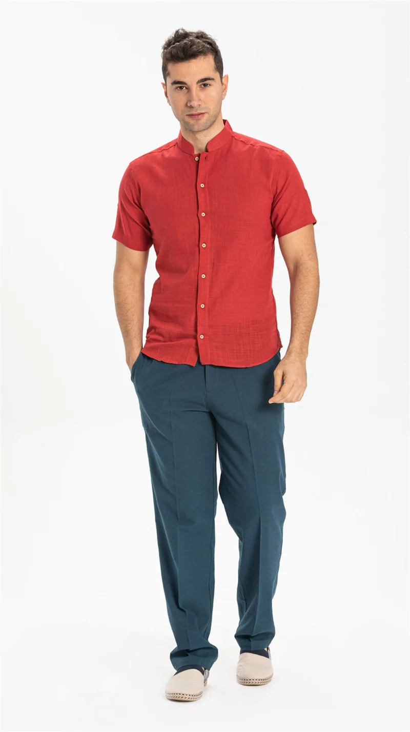 Eliş Şile Bezi Short Sleeve Şile Cloth Bodrum Men's Shirt Red 3051