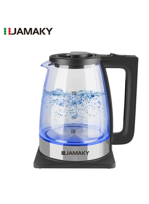 غلاية JMK9513 الكهربائية بتقنية إيطالية، تُستخدم في المنزل والمكتب، بتصميم أنيق يُضفي لمسة جمالية. تتميز بتسخين سريع بقوة 1500-1800 واط وسعة كبيرة (1.8 لتر). إيقاف تلقائي عند الغليان، وقاعدة دوارة 360 درجة، وغطاء من زجاج البورسليكات العالي، وإضاءة LED زرقاء من الداخل.
